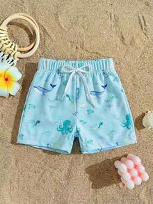 Toddler Boys' One-Piece Drawstring Waist Printed Swim Trunks With Various Ocean Creatures, Suitable For Beach, Holiday - Multicolor - View 3