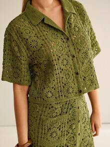 CielaLinda Áo len nữ màu xanh lá cây tay ngắn, kiểu áo blouse. - màu xanh lá - Xem 4