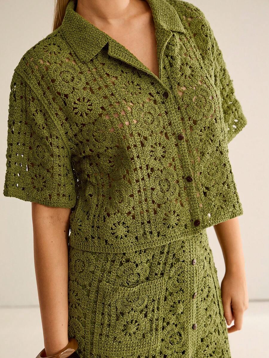 CielaLinda Áo len nữ màu xanh lá cây tay ngắn, kiểu áo blouse. - màu xanh lá - Xem 1