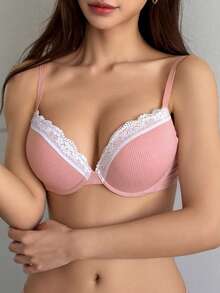 DAZY Bra Wanita dengan Tali Bahu Tipis yang Dapat Diatur dan Efek Push-Up Ringan, Motif Renda dan Patchwork. - Berwarna merah muda - View 6