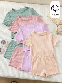 SHEIN Baby Girl Summer Cute Knit Ribbed Solid Color Wavy Edge Short Sleeve Top 4pcs Set - Multicolor - View 2