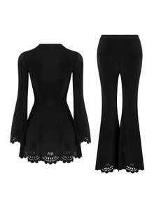 Swim Shayni 女士保守黑色长袖泳衣套装，镂空高腰沙滩装 - 黑色 - 查看 5