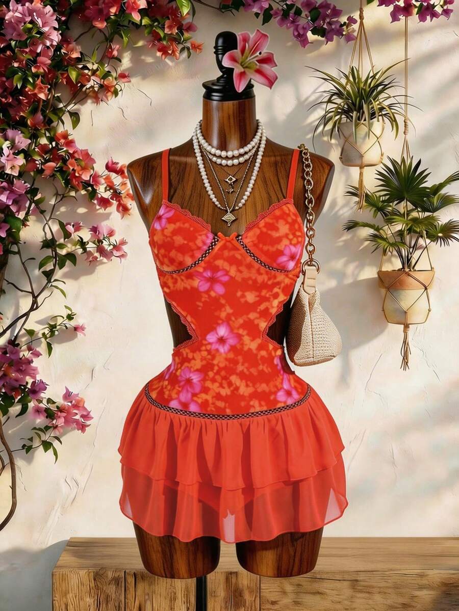 Lyxana Women's Floral Print Spaghetti Strap Ruffle Waist Dress, Vacation Style Beach Vacation Red Floral Summer Sexy - Orange - View 1