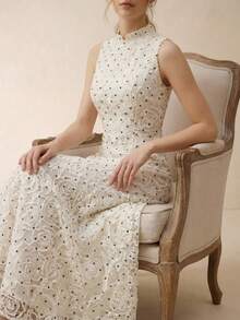 Anewsta 女士夏季优雅波点印花无袖A字中长连衣裙，白色。适合度假、日常穿着、通勤和约会。 - 杏色 - 查看 2