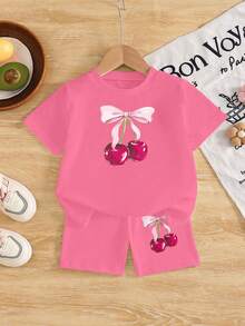 Bộ đồ 2 món in hình quả anh đào, áo tay ngắn và quần short màu hồng cánh sen cho bé gái, thích hợp cho mùa xuân và mùa hè. - Nhiều màu - Xem 2