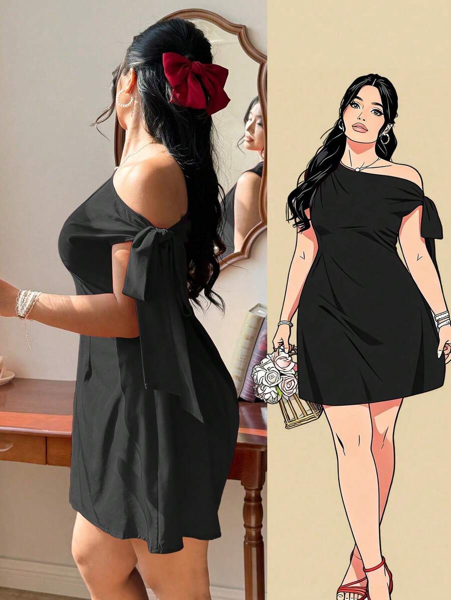 Đầm thắt eo bất đối xứng thanh lịch dành cho nữ cỡ lớn - màu đen - Xem 1