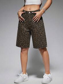 SHEIN Jeanoir Women's Leopard Print Slant Pocket Casual Loose Denim Shorts - Multicolor - View 3
