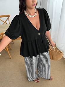 Enliva Plus Size Loose Fit V-Neck Puff Sleeve Cotton Top And Straight Leg Pants Two Pieces Set For Women, Summer Casual Wear, For Apple And Rounded Body Shape - Multicolor - View 9