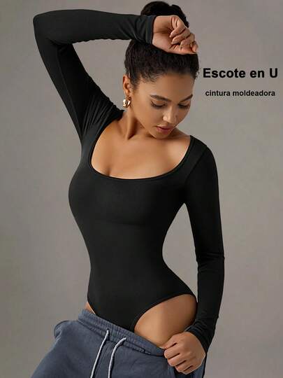 Top Body Sin Costuras Escote U, Manga Larga, Ajuste Perfecto para Mujer Activewear Estilo sensual