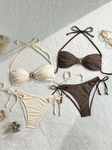 Swim Vcay 女士金属太阳装饰挂脖比基尼套装 - 彩色 - 查看 1
