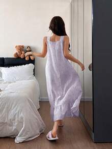 Napfluff Ruffled Hem Striped Bow Print Sleeveless Cute Women's Nightgown In Deep Purple - Purple - View 2