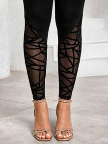 SHEIN Lady Quần legging nữ cạp cao phối ren - màu đen - Xem 6