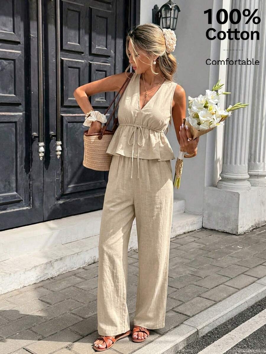 Serisse 2件套 100%纯棉女士休闲度假裤，女士夏季套装，女士户外服装 - 杏色 - 查看 1