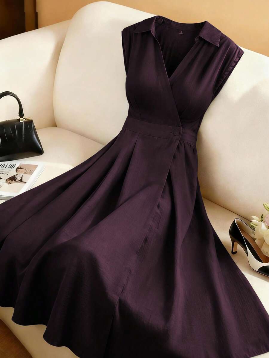 Franclia 女士单竹结亚麻衬衫领褶裥A字长裙，军绿色，优雅法式复古风，适合办公室通勤、商务休闲、海滩、街头风、简约风、复古风、澳洲冬季时尚、春夏新款、下午茶、派对、情人节、婚礼等场合。 - 紫紅色 - 查看 1