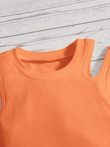 SHEIN Young Girl Plain Round Neck Hollow Back Camisole, Casual Homewear & Back To School - Burnt Orange - View 3