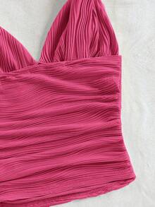 SHEIN Tall CURVE 大码女式纯色纹理褶皱吊带背心 - 玫紅色 - 查看 9