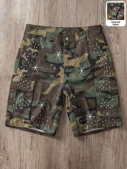 Manfinity Joysei Men's Summer Casual Camouflage Print Studded Rhinestone Denim Shorts
