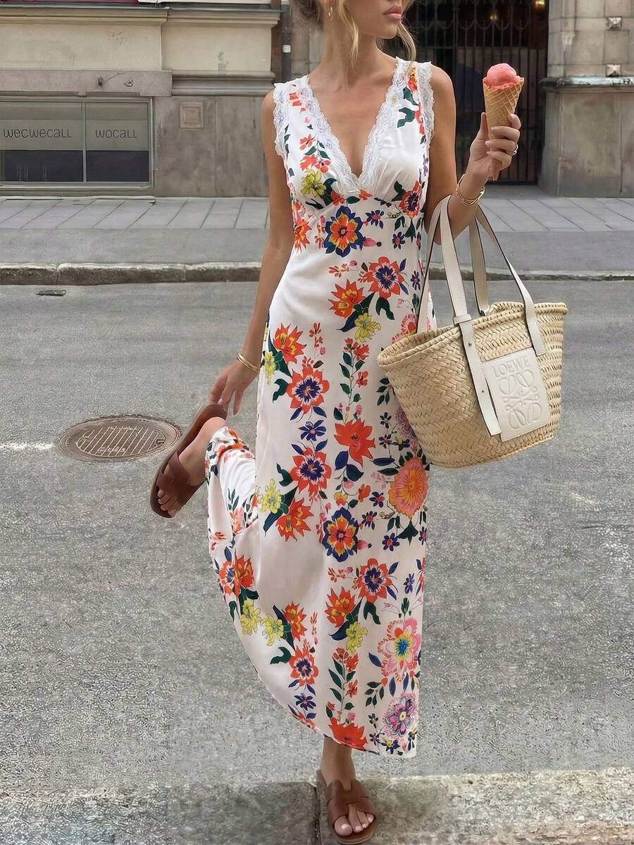 Pariaura Women's White Floral Polka Dot Satin Slip Dress,Lace Trim V Neck Sleeveless Split Hem Maxi Dress,Elegant Summer Tropical Holiday Tea Party Vacation - Multicolor - View 1