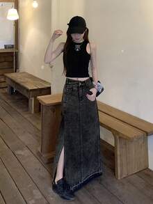 DAZY 女士不对称开衩中长牛仔裙，黑色，春夏款 - 灰色 - 查看 6