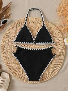 SHEIN Tween Girl Fitted Casual Minimalist Comfortable Textured Fabric Swimsuit Set - Black and White - View 2