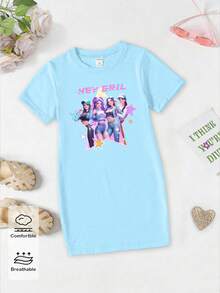 Elladie kids Áo thun ngắn tay nữ tính, năng động, sáng tạo, cá tính, tươi mới, tối giản, dễ thương, in hình ngôi sao năm cánh, họa tiết chữ cái, khẩu hiệu, nhiều màu sắc, phù hợp mặc hàng ngày, mùa xuân, hè và thu. - Màu xanh lam - Xem 4