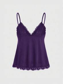 ROMWE Fairycore Spring/Summer Valentine's Day Women's Solid Color Contrast Lace Camisole - Purple - View 3