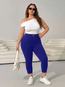 SHEIN EZwear Plus Size Stretch Tight Versatile Cropped Pants - Royal Blue - View 4