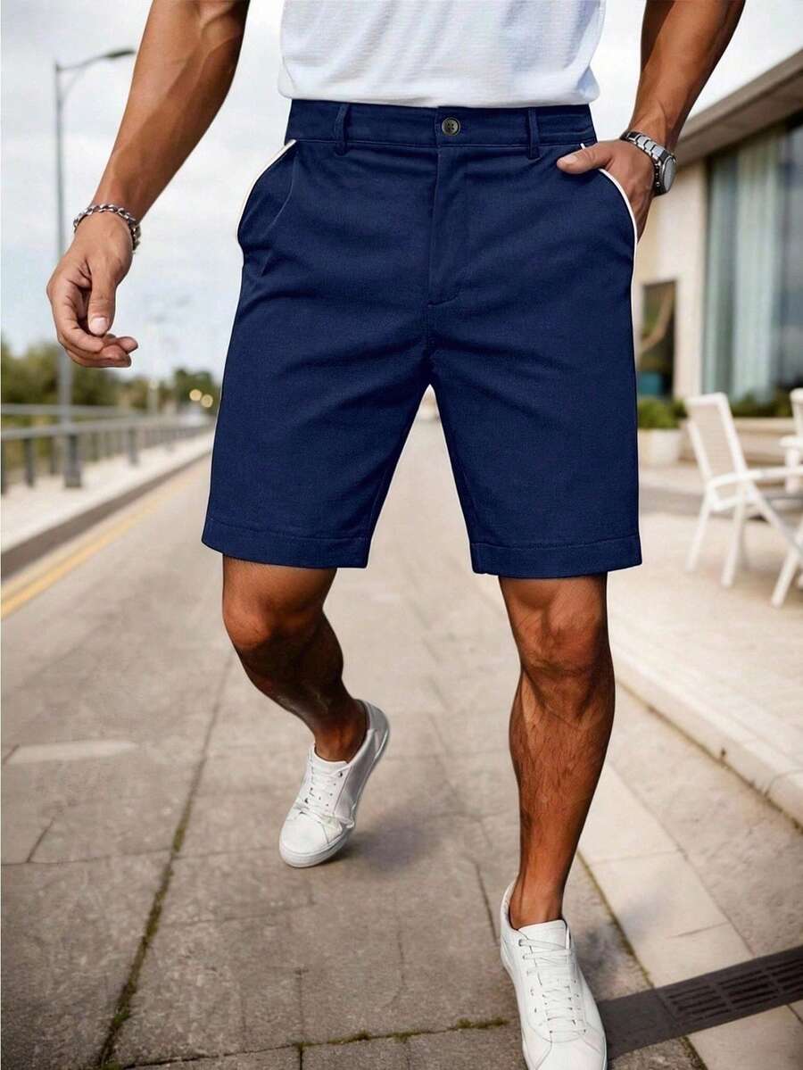 Manfinity Homme Men Contrast Piping Slant Pocket Bermuda Shorts - Navy Blue - View 1