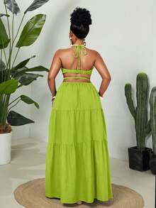 Maweii Plus Size Women Neon Green Hollow Out Sexy Halter Vacation Dress - Olive Green - View 2