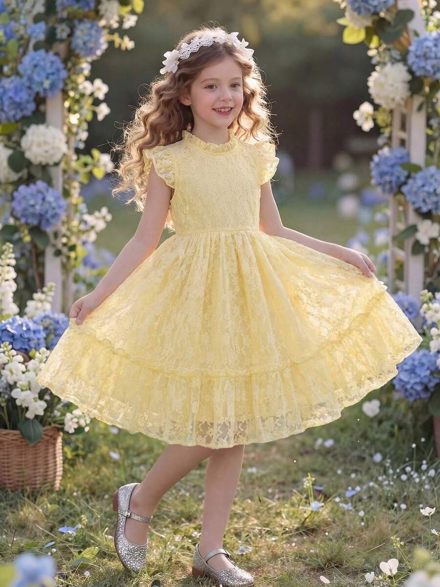 Elladie kids Blue Butterfly,Summer,Flower Girl Spring Dress For Young Girls,Rose Beige Lace Floral Fabric,Flutter Sleeves,Ruffle Hem,Chic Formal Elegant Outfit - Yellow - View 1