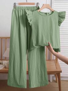 SHEIN 两件套少女休闲百搭套装，舒适荷叶边圆领上衣搭配宽松梭织长裤，杏色，适合居家、运动、度假、郊游、聚会、购物、上学、返校季等场合。 - 薄荷綠 - 查看 2