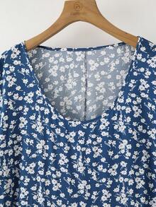 Rusticease Vestido casual holgado de manga corta con estampado floral diminuto para mujer de talla grande - Azul y blanco - Ver 3