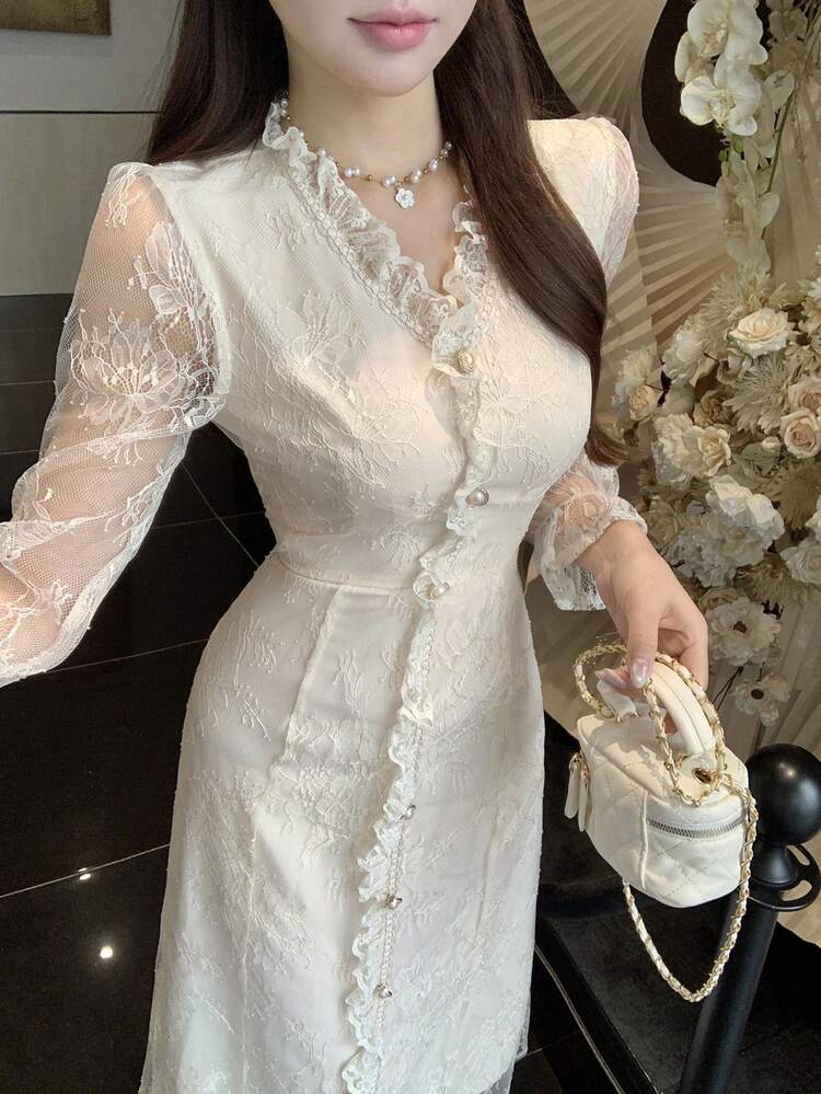 Elegant Lace Patchwork Stand Collar Frill Trim Midi Dress For Women, Autumn