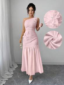 Modelyn 3D Blumen Gelb Chiffon Patchwork Kleid für Frauen - Pink - Übersicht 7