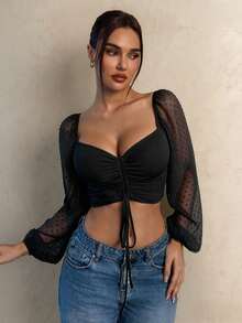 SHEIN Glamour Áo croptop nữ dáng suông, màu trơn, tay phồng, dây rút, thiết kế xếp ly, áo ngắn tay dài xuyên thấu, quần áo nữ, xuân hè, áo nữ dễ thương, thời trang sân bay, du lịch sân bay, trang phục sân bay. Áo sơ mi thắt eo, buộc dây phía trước. - màu đen - Xem 4