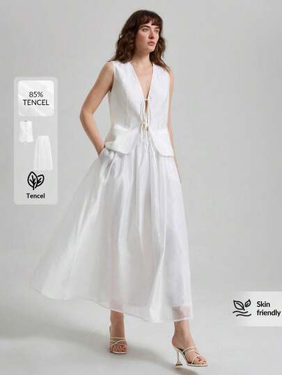 Ontre 2026春夏新款女士两件套，梭织面料，宽松版型，包含女士上衣和下装，女士半身裙，女士无袖蝴蝶结上衣，简约优雅都市时尚通勤教师装，夏季度假装，女士休闲两件套，A字裙摆，女士沙滩装，婚礼宾客长裙，派对装，优雅套装，时尚设计，A字裙摆下午茶装，浪漫约会装，舒适面料，宽松版型，畅销女士两件套