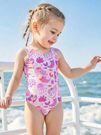 SHEIN GraphicGems Baby Girls' Holiday Style Printed One-Piece Swimsuit, Suitable For Vacation And Pool Play, Summer Holiday Printed Random Floral One-Piece Swimwear
