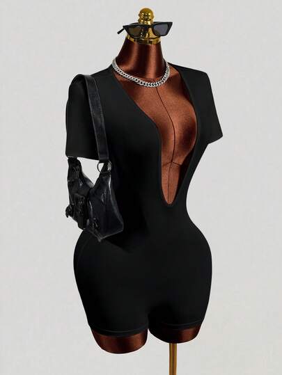 Mistrie Women's Solid Color Deep V-Neck Casual Everyday Romper