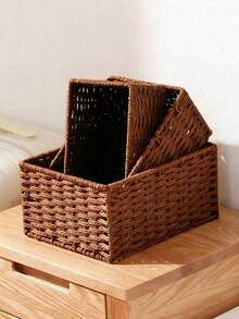 1 chiếc/3 chiếc (S+M+L) Giỏ mây để bàn, đựng đồ trang điểm, chìa khóa, đồ ăn nhẹ, giỏ đựng đồ đan lát cho phòng khách, phòng ngủ, phòng học và văn phòng, giỏ trang trí nhà cửa, quà tặng lý tưởng - màu nâu - Xem 3
