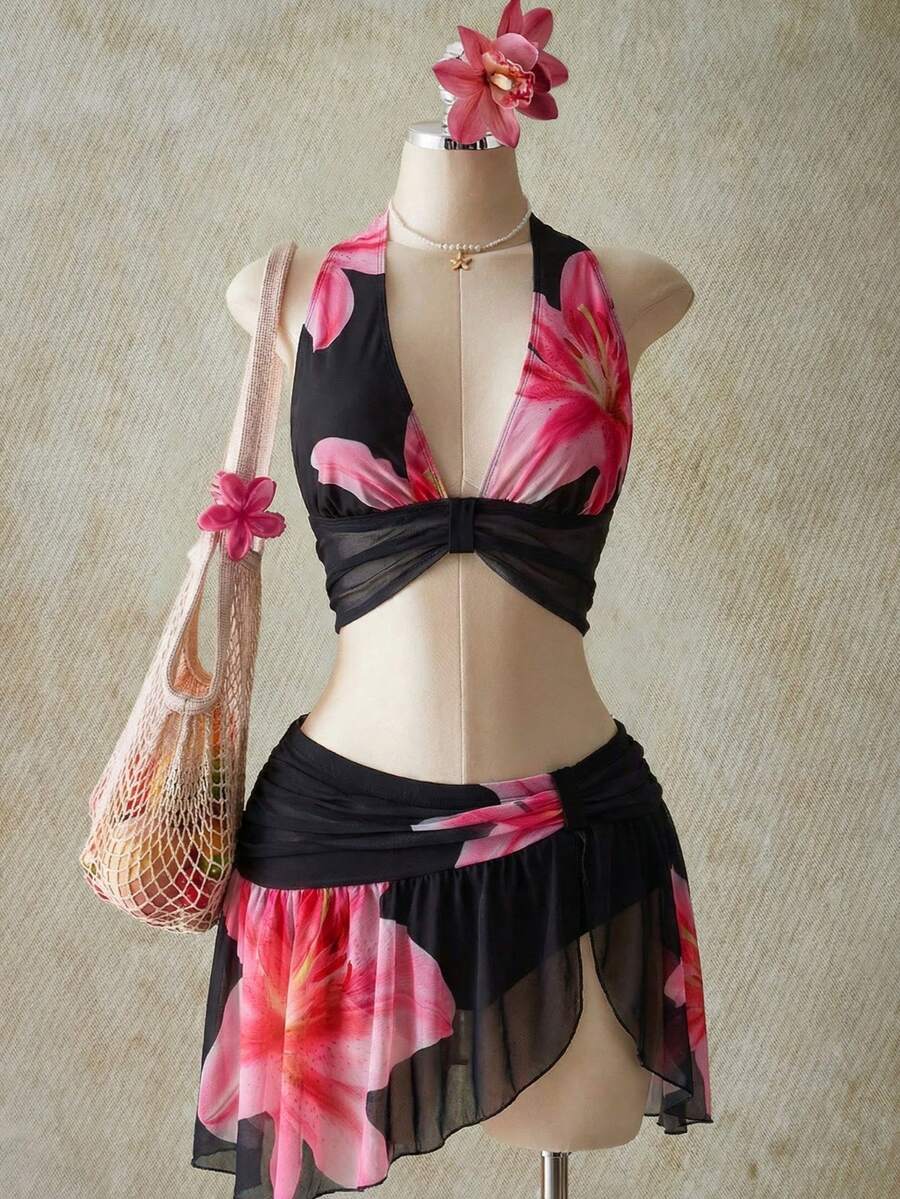 SHEIN ICON 大码女装 Y2K 度假风外出印花露脐吊带上衣和低腰印花迷你裙套装,夏威夷伊比沙岛穿搭 - 黑色 - 查看 1