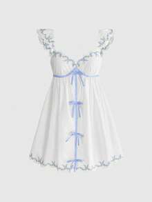 ROMWE Avant Vestido mini con mangas cortas y bordado floral de estilo francés de vacaciones de primavera/verano para mujeres - Multicolor - Ver 1