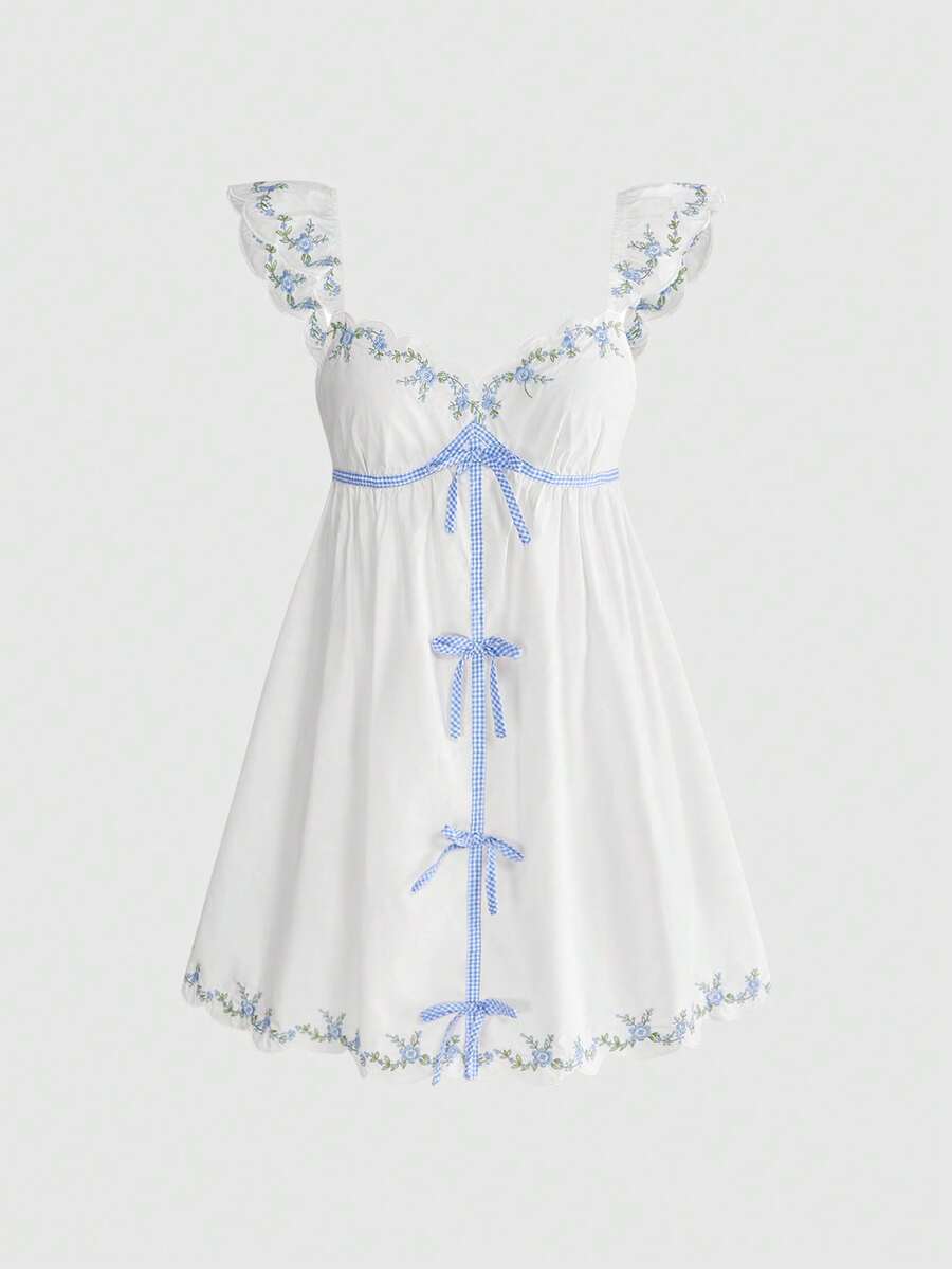 ROMWE Avant Vestido mini con mangas cortas y bordado floral de estilo francés de vacaciones de primavera/verano para mujeres - Multicolor - Ver 1