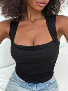 Livesso Áo camisole dệt kim xếp ly duyên dáng có đệm mút dành cho nữ - màu đen - Xem 11