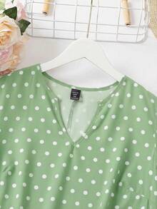 SHEIN LUNE Plus Size Sleeveless Polka Dot Pocket Dress - Green - View 4