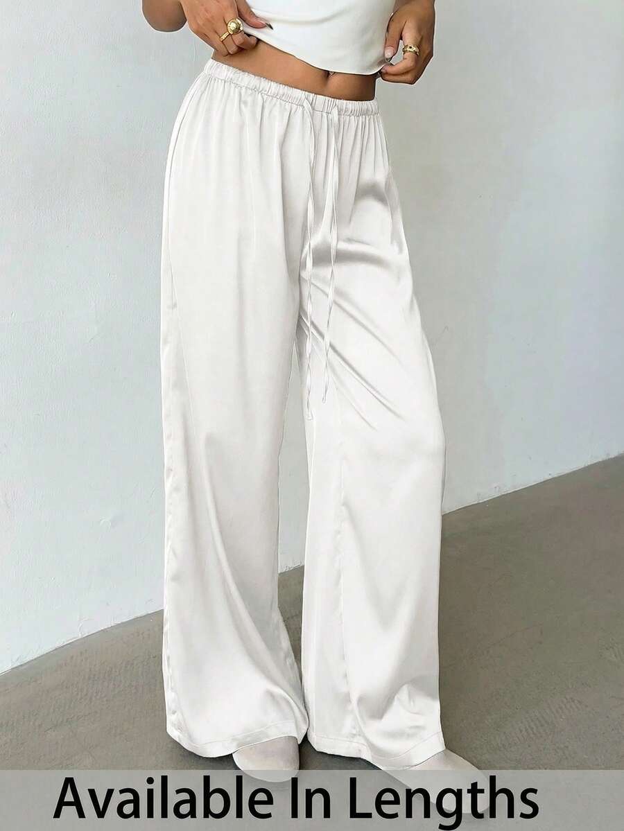 SHEIN Tall CURVE 大码女式纯色系带腰直筒宽松裤 - 白色 - 查看 1