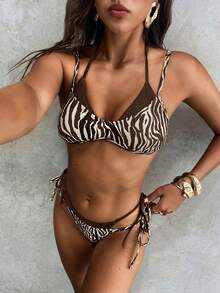 Aloruh 欧美夏季沙滩豹纹露背性感比基尼两件套，女士泳装，女士泳衣，女士泳装，女士泳装，女士泳装，女士泳装，女士优雅沙滩泳装，女士泳装两件套，女士比基尼，女士比基尼套装，女士比基尼套装，女士沙滩装，女士沙滩装，女士沙滩时尚度假装 - 棕色 - 查看 6