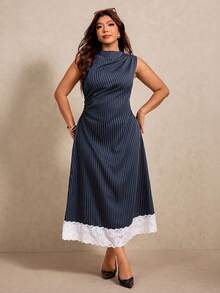 Elaquor Plus Size Women's Navy Blue Ruffle Lace Hem Elegant Dress, Summer Tea Party Formal Sleeveless Midi Dress, Business Casual Draped Neckline Lace Trim - Navy Blue - View 4