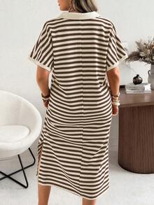 Ceyna Plus Size Casual Striped Knit Short Sleeve Dress, Suitable For Spring/Summer Holiday - Coffee Brown - View 2