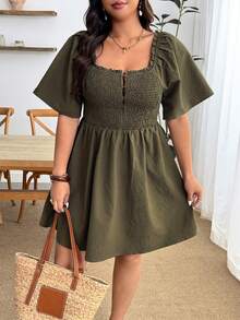 Enliva Plus-Size Women's Resort-Style Plaid Raglan Sleeve Button-Down Dress, Summer Puff Olive Green Plus Size Women For Apple And Rounded - Army Green - View 3