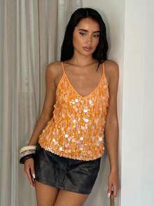Glamine 亮橙色渐变亮片装饰吊带衫 - 橘色 - 查看 5